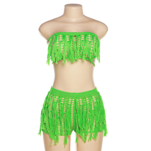 Fashionable Tassel Sexy Spicy Girl Wrapped Chest Perspective High Waist Wrapped Hip Shorts Set