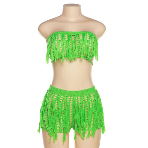 Fashionable Tassel Sexy Spicy Girl Wrapped Chest Perspective High Waist Wrapped Hip Shorts Set