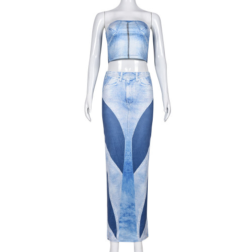 Open navel, open back, sleeveless printed skirt set