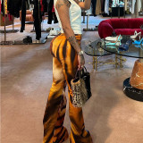 Women's fashionable and personalized street digital tiger print high waisted straight pants