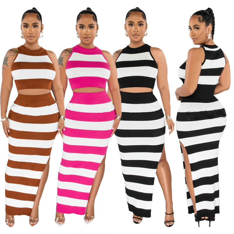 Striped printed slit skirt two-piece set