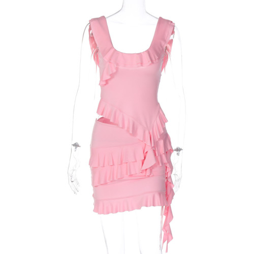 Women's U-neck ruffle top half skirt two-piece set