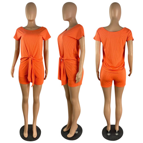Loose Round Neck Short Sleeve Self Tie Two Piece Set