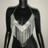 Hot Flash Rhinestone Hot Girls Metal Glass Nightclub Neck Strap Tassel Sexy Open Back Camisole