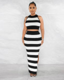 Striped printed slit skirt two-piece set