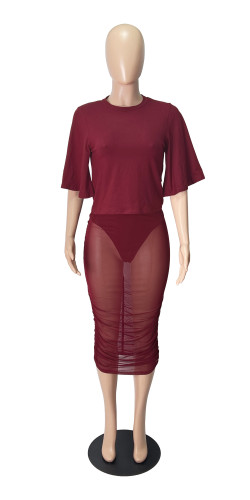 Pleated buttocks wrapped mesh sexy slim fitting long skirt two-piece set