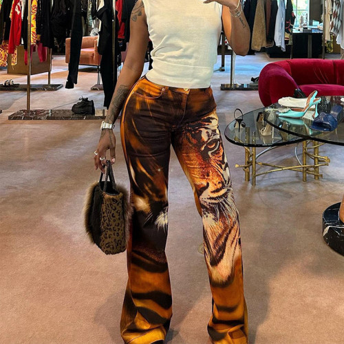 Women's fashionable and personalized street digital tiger print high waisted straight pants