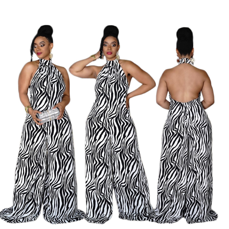 Large size wide leg jumpsuit with striped print jumpsuit