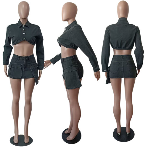 3D pocket elastic Denim skirt suit
