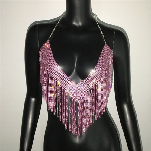 Hot Flash Rhinestone Hot Girls Metal Glass Nightclub Neck Strap Tassel Sexy Open Back Camisole