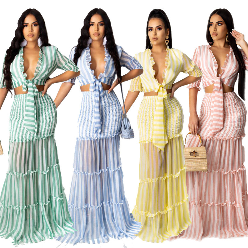 Striped Chiffon Printed Women's Slim Fit Set Skirt Evening Dress Set Skirt