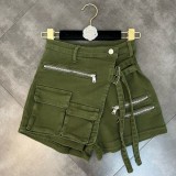 Irregular multi pocket overalls shorts with narrow waist and loose denim culottes