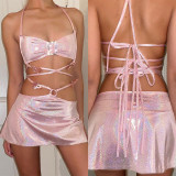 Sexy Open Back Open Umbilical Lace up Shiny Silk Skirt Set