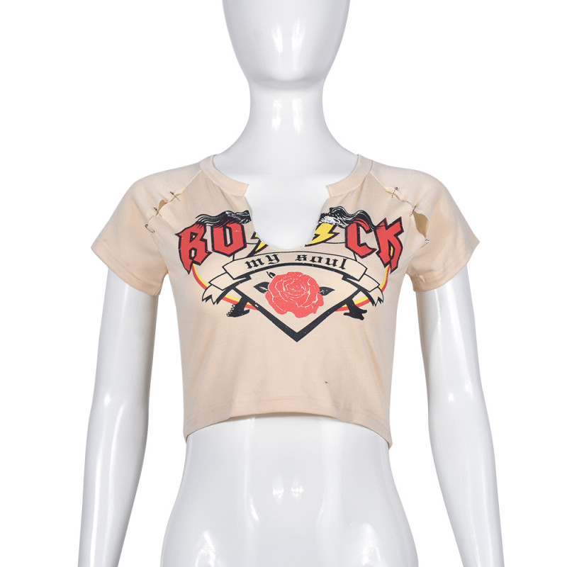 Open navel hole printed T-shirt top