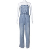 Spliced open back pocket wash denim jumpsuit