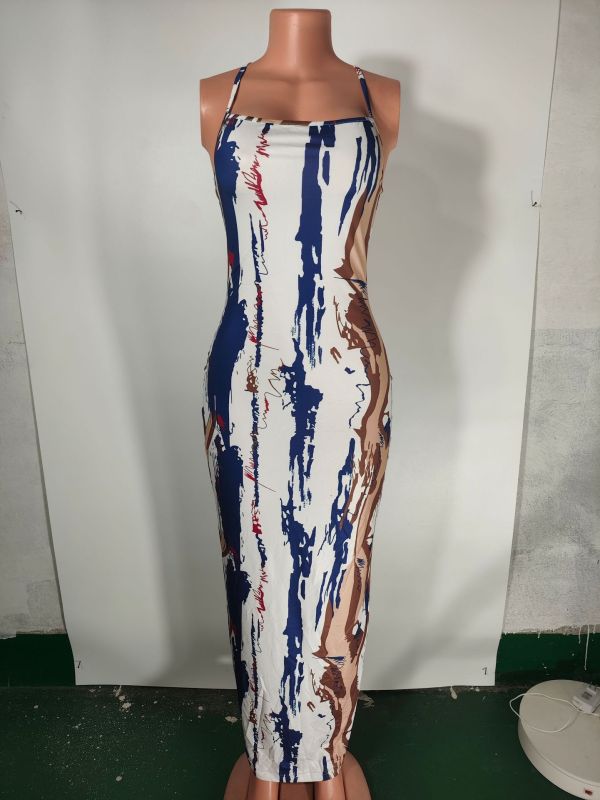 Women's colored graffiti low cut dress long skirt