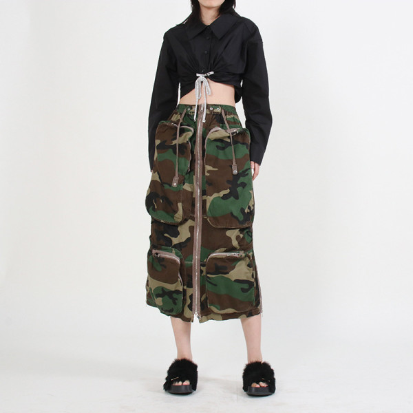 Heavy Industry Zipper Large Pocket Mid length Skirt High Waist Work Dress Half length Skirt