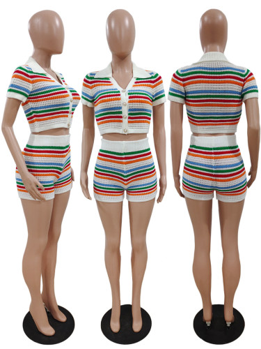 Sexy Knitted Contrast Short Sleeve Shorts Casual Set Two Piece Set
