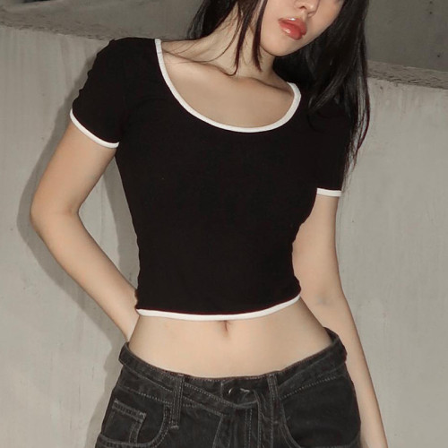 Contrast edging U-neck short sleeved hollowed out backless top T-shirt