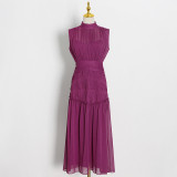 Chiffon small standing neck solid color patchwork slim fitting long swing dress