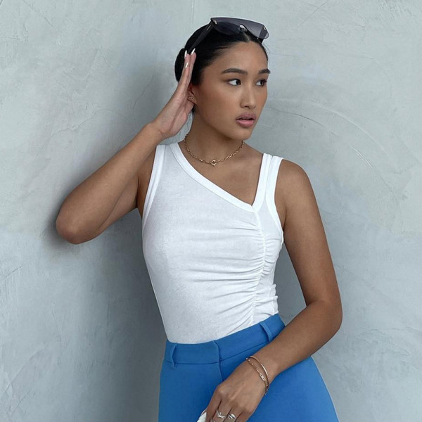 Solid Asymmetric Rib Pleated Sleeve Tank Top T-shirt