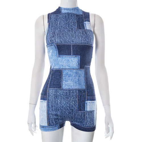 Round neck sleeveless denim printed invisible zipper short jumpsuit