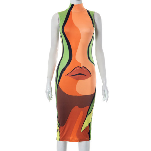 High Collar Sleeveless Human Lip Printing Slim Fit Long Dress