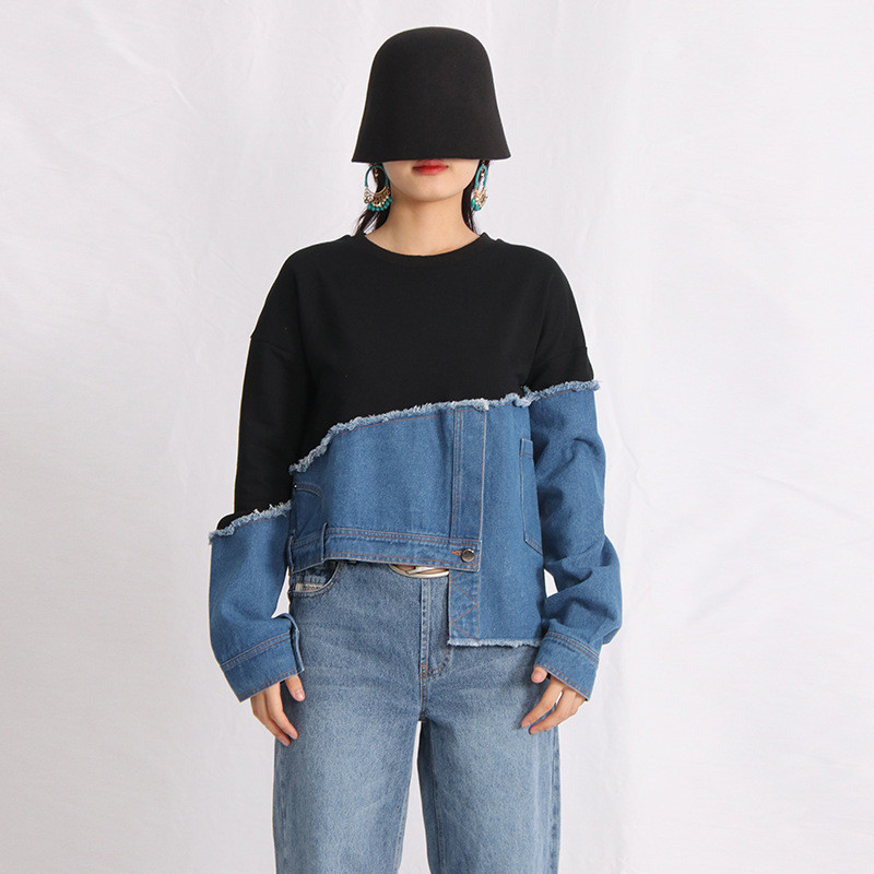 Fashionable personality, asymmetrical design, washable denim patchwork, loose casual sweater