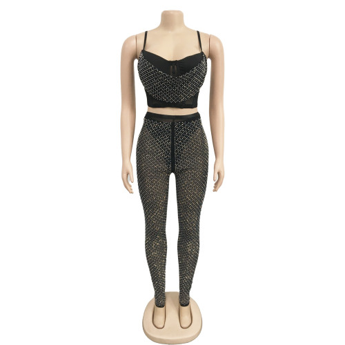 Fashion women's solid color mesh hot diamond suspender pants two-piece set