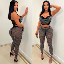 Fashion women's solid color mesh hot diamond suspender pants two-piece set