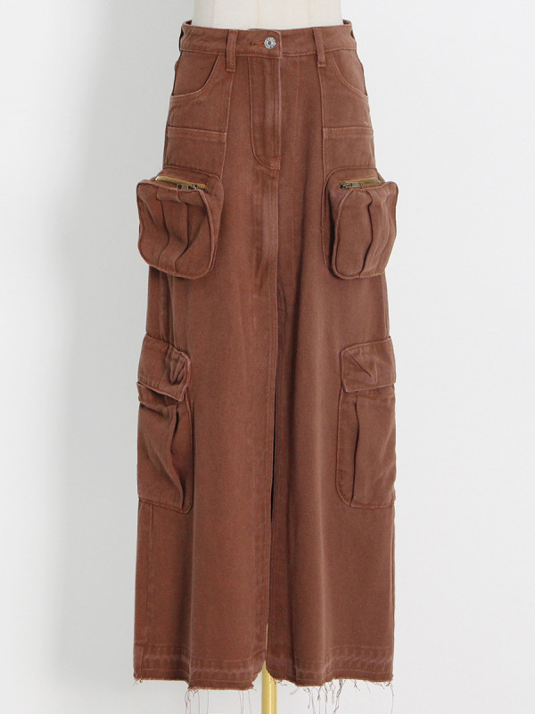 Denim skirt with high waist stitching and worn pocket long skirt