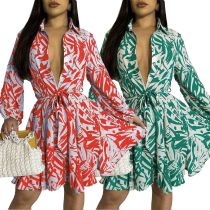 Women's fashion printed lapel button tie up shirt dress