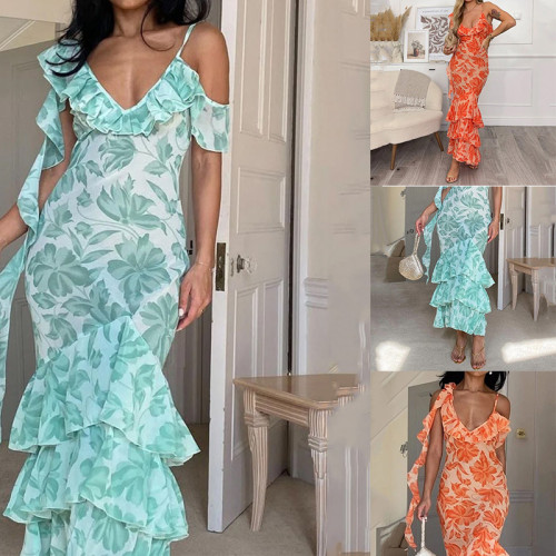 Women's printed, sexy, fashionable, personalized, and irregular dress with straps