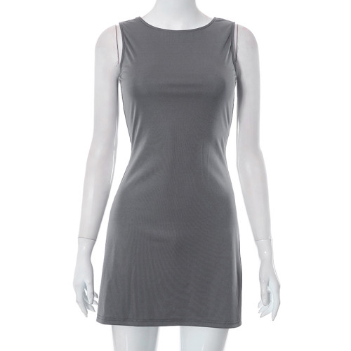 Solid round neck sleeveless patchwork buttocks casual dress