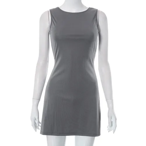 Solid round neck sleeveless patchwork buttocks casual dress
