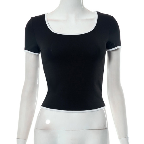 Contrast edging U-neck short sleeved hollowed out backless top T-shirt