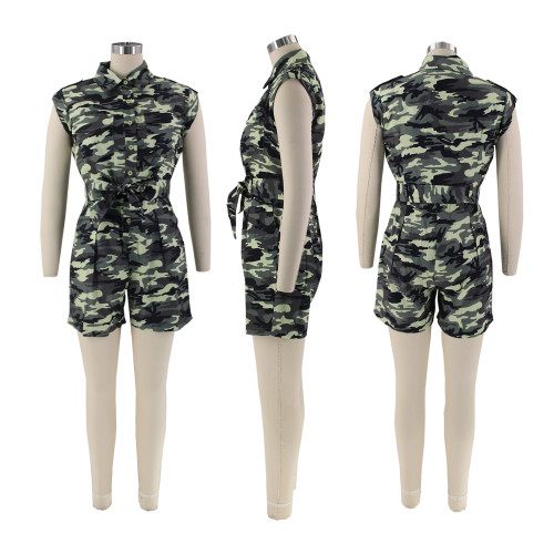 One Piece Short Sleeveless Sexy Camo Hollow out Polo Neck Slim One Piece