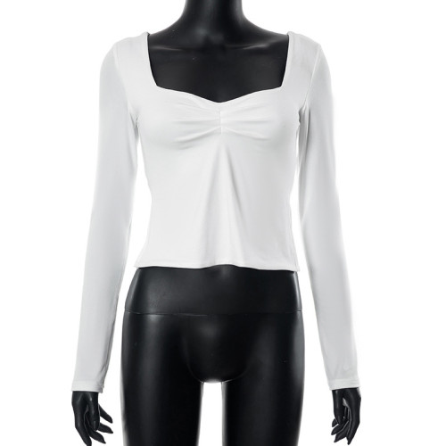 Solid Square Neck Long Sleeve Pleated Side Split Top T-shirt