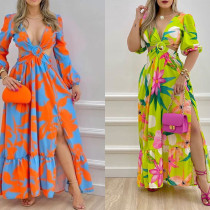 Women's printed temperament commuting long high waisted slit sexy dress