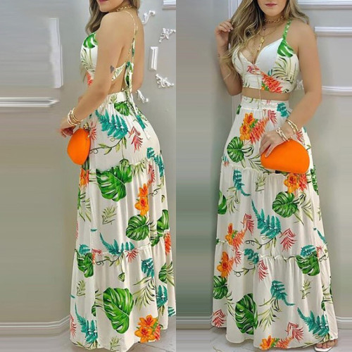 Women's printed fresh and sweet casual fashion sexy skirt set