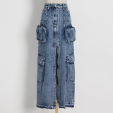 Denim skirt with high waist stitching and worn pocket long skirt
