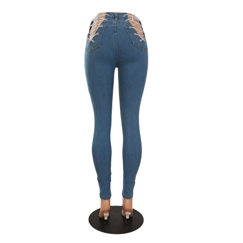 Sexy buttocks hollowed out, sexy slim fitting stretch leg jeans