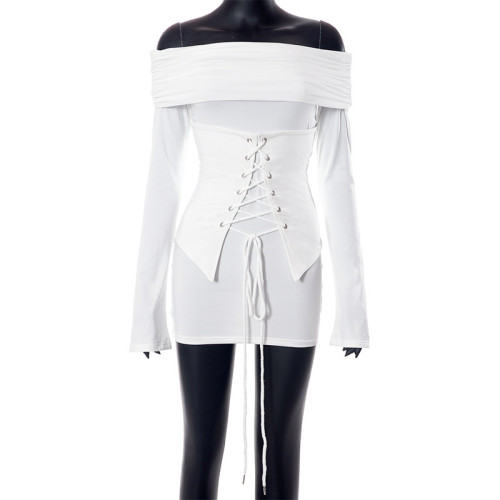 Flat neck flared long sleeved waist tied open backpack buttocks dress