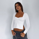 Solid Square Neck Long Sleeve Pleated Side Split Top T-shirt
