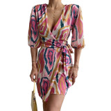Women's printed sexy pleated V-neck waistband casual dress
