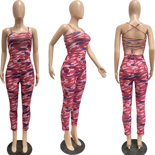 Women's casual cotton sexy strapless camouflage suspender jumpsuit
