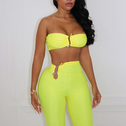 Solid color navel exposed bra sexy high waist tight lifting buttocks pants set