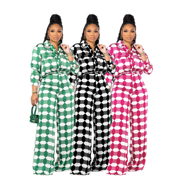 Geometric Pattern Long Sleeve Button Pocket Shirt Set