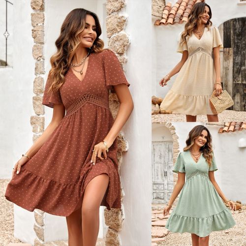 Fresh V-neck Solid Color Ruffle Sleeve Dress for Women