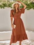 V-neck ruffle sleeve solid color dress for women